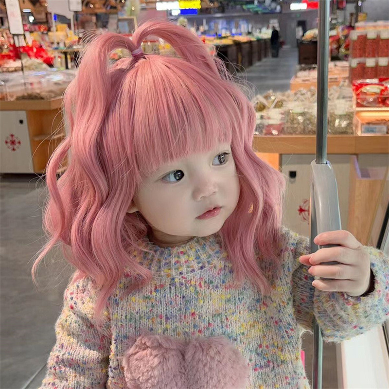 Children's Wig Women's Pink Medium Long Curly Hair Air Bangs Cute Princess Micro Roll Full Head Cover bjd Doll Wig