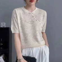 韩版短袖T恤女士夏季立领针织衫新款中式国风盘扣小衫绣花上衣女