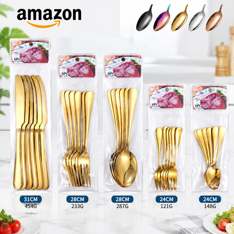 Cross-border stainless steel cutlery, 1010 series, set of 6 pieces including knives, forks, and spoons, packaged in a PVC bag with a hanging tag, suitable for Western-style meals, steak knives, forks, and dessert spoons Cross-border stainless steel cutlery, 1010 series, set of 6 pieces including knives, forks, and spoons, packaged in a PVC bag with a hanging tag, suitable for Western-style meals, steak knives, forks, and dessert spoons