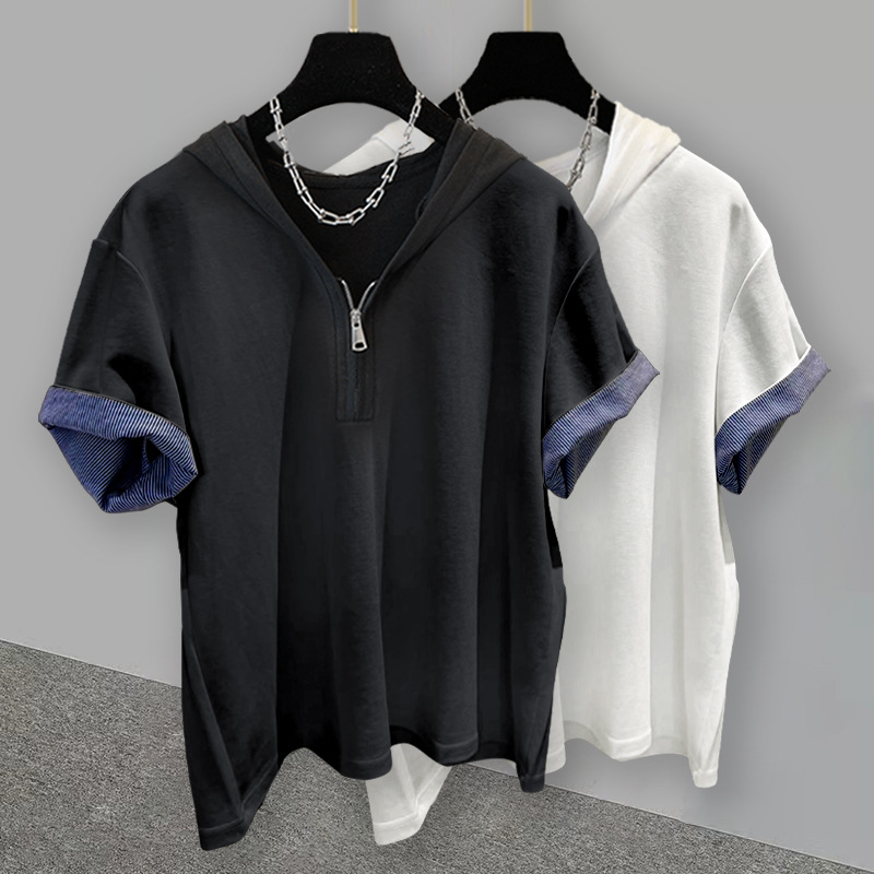 Trend solid short sleeve T-shirt with zipper with hood