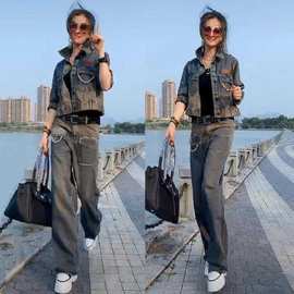 欧洲站2023春秋季新款挂链牛仔短外套女时尚阔腿裤休闲套装女欧货