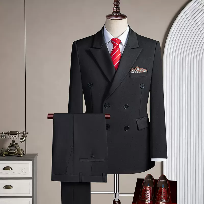 严选双排扣休闲西服两件套2026新款男士轻熟纯色套装韩版潮流修身