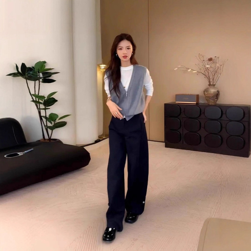 时尚气质百搭套装女2025年秋季新款宽松t恤坎肩马甲阔腿裤三件套|undefined