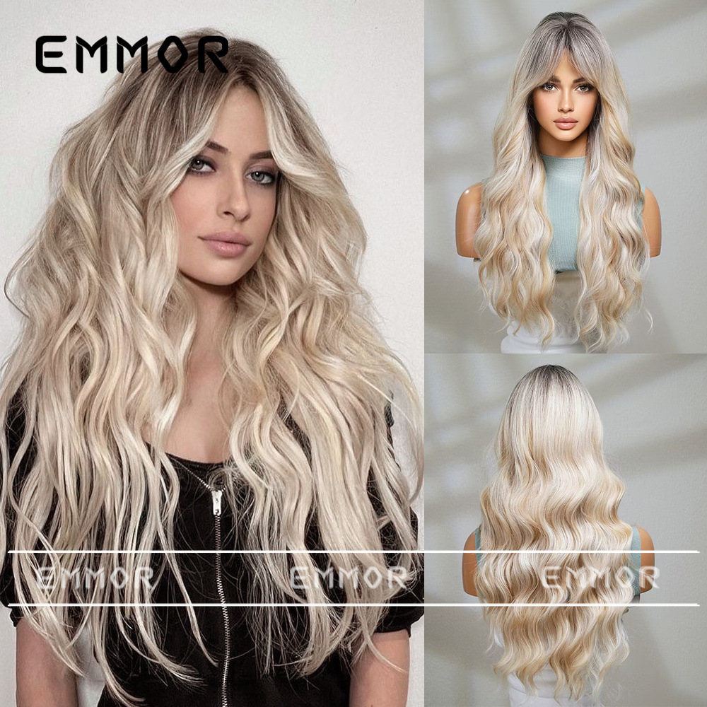 Comercio exterior europeo y americano gradiente oro blanco flequillo de ocho caracteres Pelo Rizado largo moda elegante Peluca de seda de alta temperatura cubierta de la cabeza completa femenina