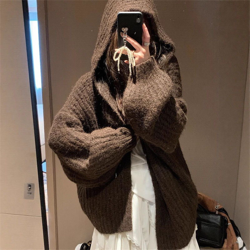 跨境连帽毛衣开衫外套女款2025新款秋冬季宽松慵懒风中长款针织衫|undefined