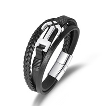 欧美风编织皮手链时尚不锈钢船锚配件手饰简约百搭多层皮质手环