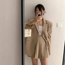 韩版西装套装裙春秋新款小个子气质单排扣西服外套＋百褶裙两件套