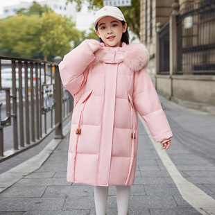 Girls' Down Jacket Mid-length 2024 New Style Girl's Winter Mid-length Children's Thickened Warm Hooded Coat Trendy