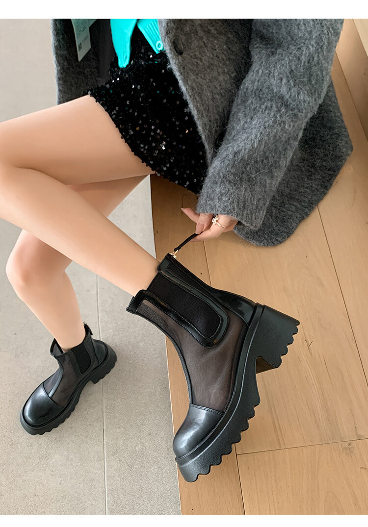 Boot ngắn nữ da bò mũi tròn đế dày thoáng khí khóa kéo sau — Màu đen, Màu mơ chi tiết 50