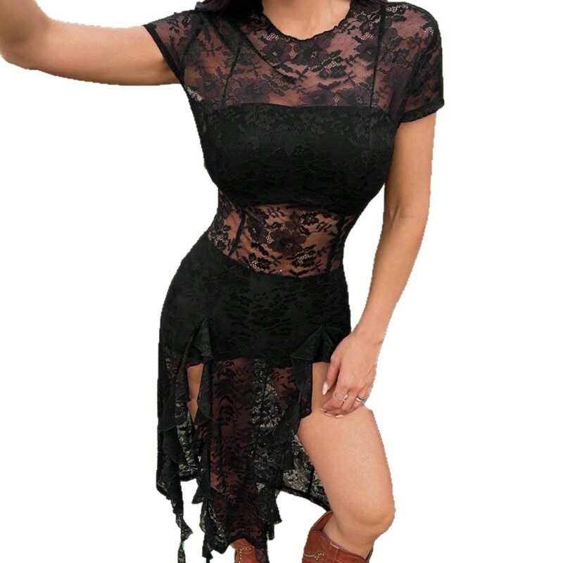 Spring/Women's Fashion Sexy Lace Music Festival Black See-Through Slit Ruffle Dress Hot Girl Short Sleeve Tight Fit Style Spring/Women's Fashion Sexy Lace Music Festival Black See-Through Slit Ruffle Dress Hot Girl Short Sleeve Tight Fit Style