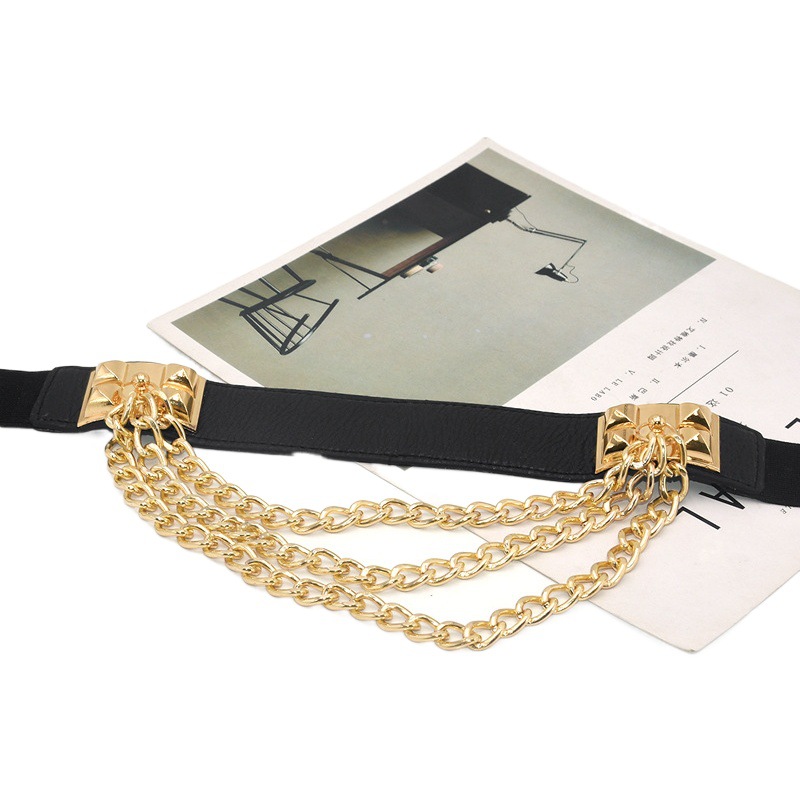 Punk remache de oro transfronterizo cadena de la cintura de las mujeres cinturón perezoso elástico de las mujeres cintura ancha sello de metal cadena de la cintura