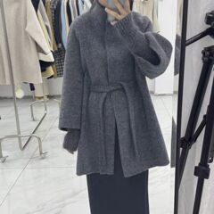 秋冬轻奢拼接针织袖腰带款时尚百搭感中长款双面羊毛大衣女爆系带