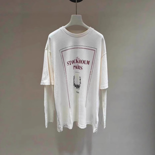 Correct Version of 2025 New Letter Printed Sleeves Mesh Semi-See-Through Distressed Loose Fake Two-Piece Long-Sleeved T-Shirt for Women