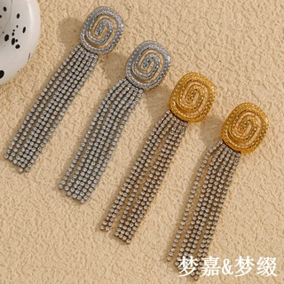 欧美时尚气质新款复古个性耳坠不锈钢镀18K金百搭满钻流苏耳钉女
