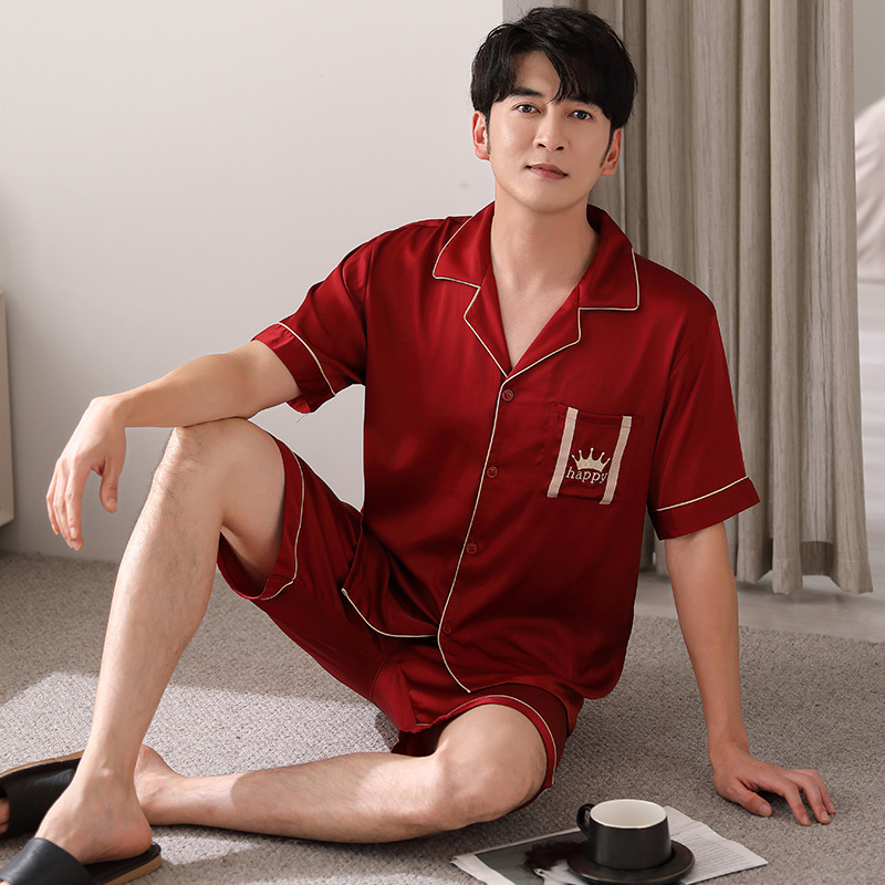 Summer Ice Silk Pajamas Men's Cardigan Short-Sleeved Shorts Thin Outer Wear Youth Casual Silk Cool Home Clothes