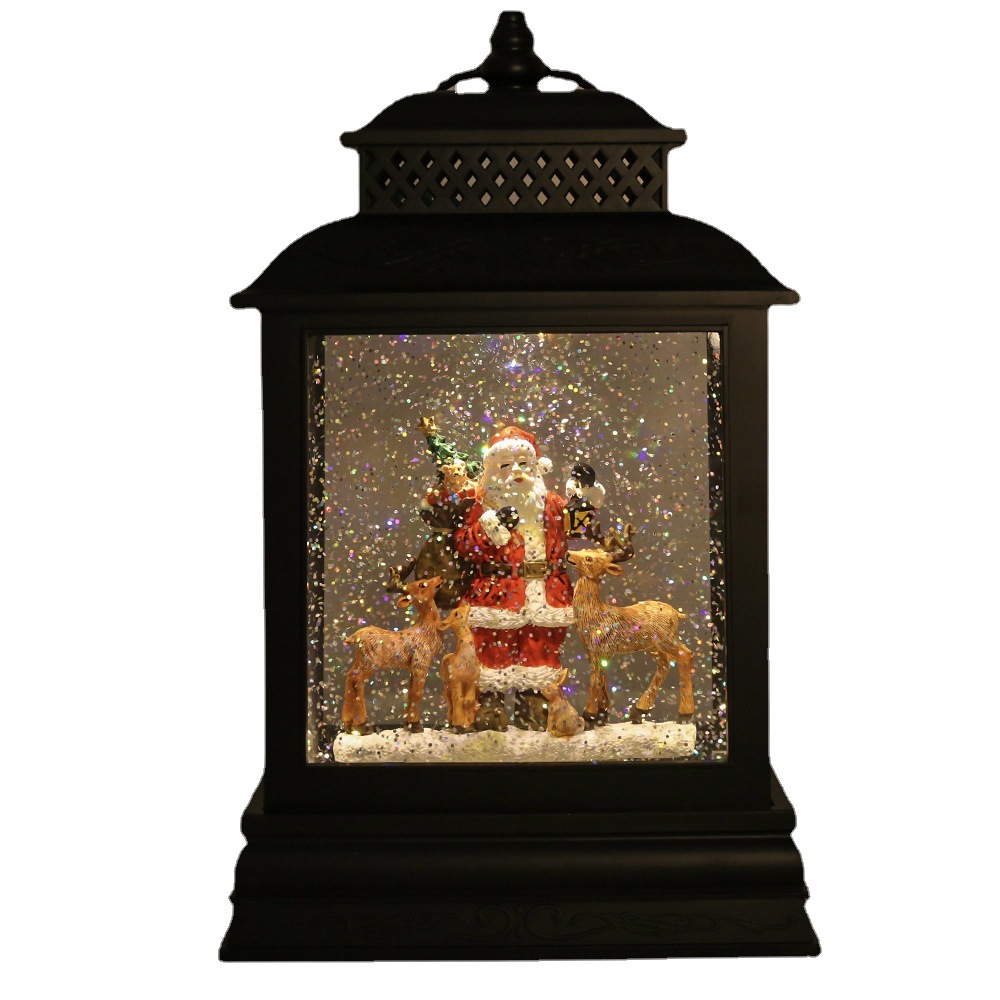 梦幻圣诞飘雪LED发光内景复古扁风灯 圣诞老人麋鹿工艺品礼品摆件