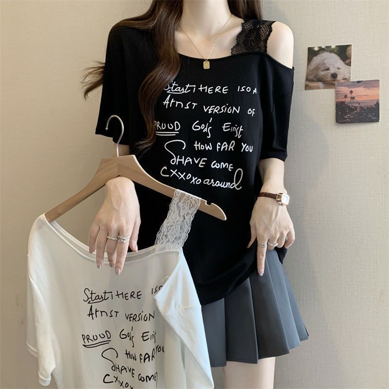 大きいサイズのレタープリントオフショルダー半袖Tシャツ女性用2025年夏新作ファットmmルーズスリミングファッショントップ女性用|undefined