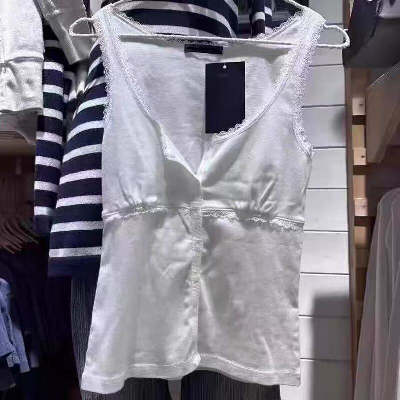 Bm Style White Single-Breasted Lace-Trimmed Camisole for Women, Slim Fit, Suitable for Layering or Wearing Alone, with a Cinched Waist and Open Front