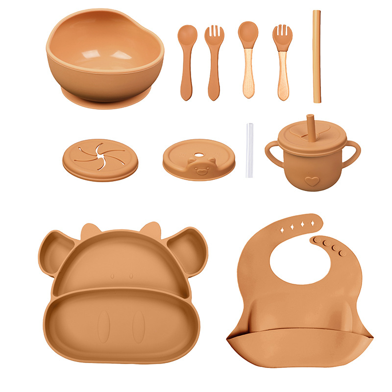 Conjunto de cubiertos para niños tazón de alimentos suplementarios platos de silicona tazón de cuchara de tenedor bib taza de agua de grado alimenticio para bebés alimentación suplementaria