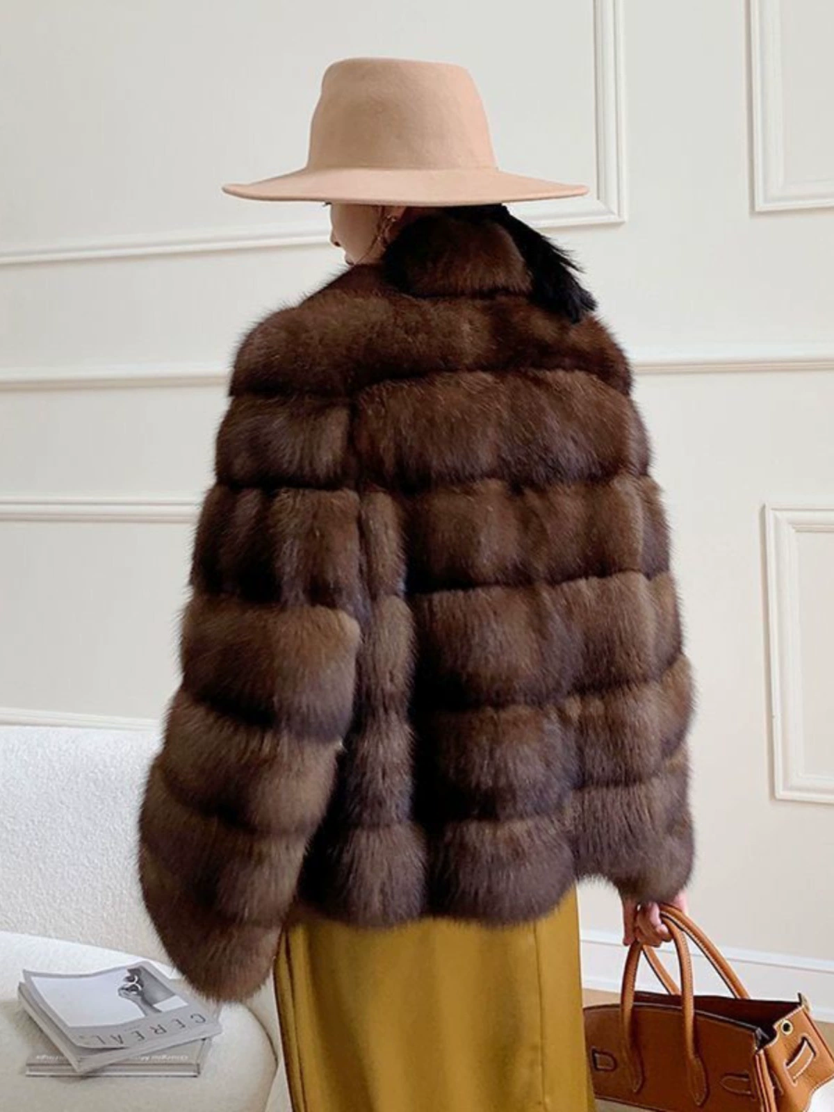 Пальто в sable-стиле, европейская легкая роскошь, chestnut eco‑fur, тёплое, размерыS–L