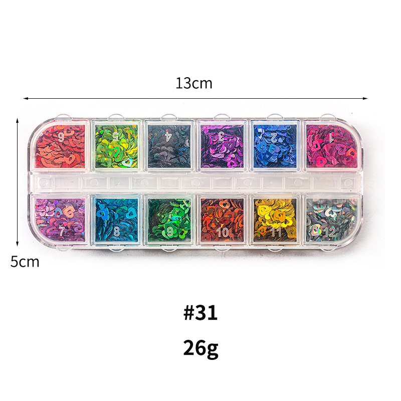 Taifei uñas caja de tira larga lentejuelas 12 rejilla caja de tira larga parche de uñas DIY uñas lentejuelas uñas traje de joyería