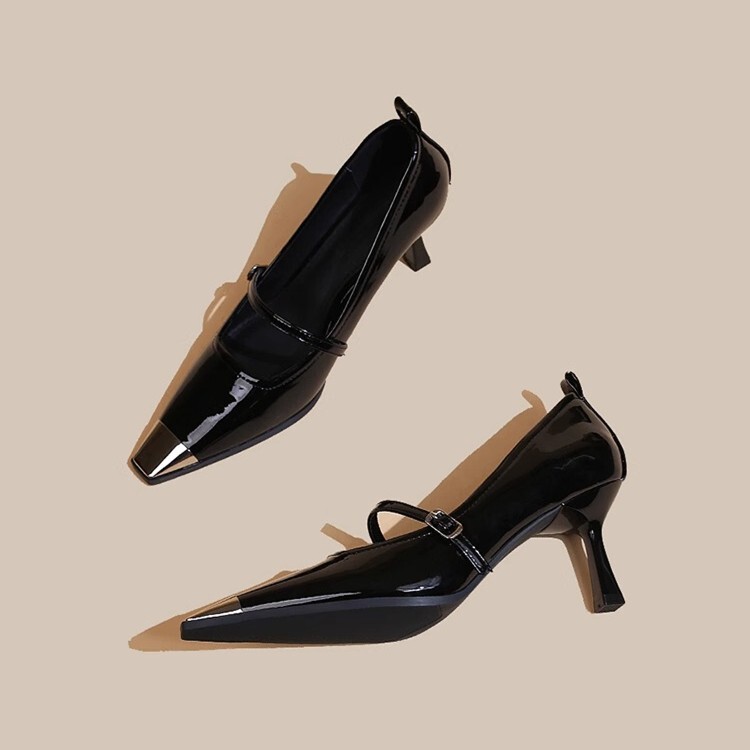 Shallow Patent Leather Shoes 2025 Spring Korean Style New Pointed Stiletto Heel Buckle Strap Sexy Metal Heel Shoes