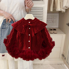 秋冬童装新款女童红色毛衣针织浅金蝴蝶结针织宝宝蓬蓬裙子tutu裙