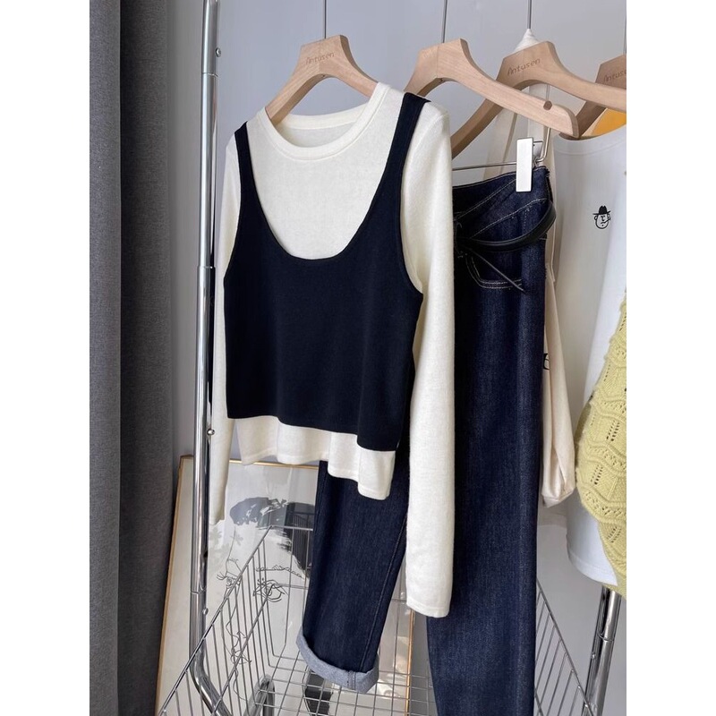New Plus-Size Fake Two-Piece Slimming Top for Women, Autumn and Winter New Style Patchwork Vest Camisole New Plus-Size Fake Two-Piece Slimming Top for Women, Autumn and Winter New Style Patchwork Vest Camisole