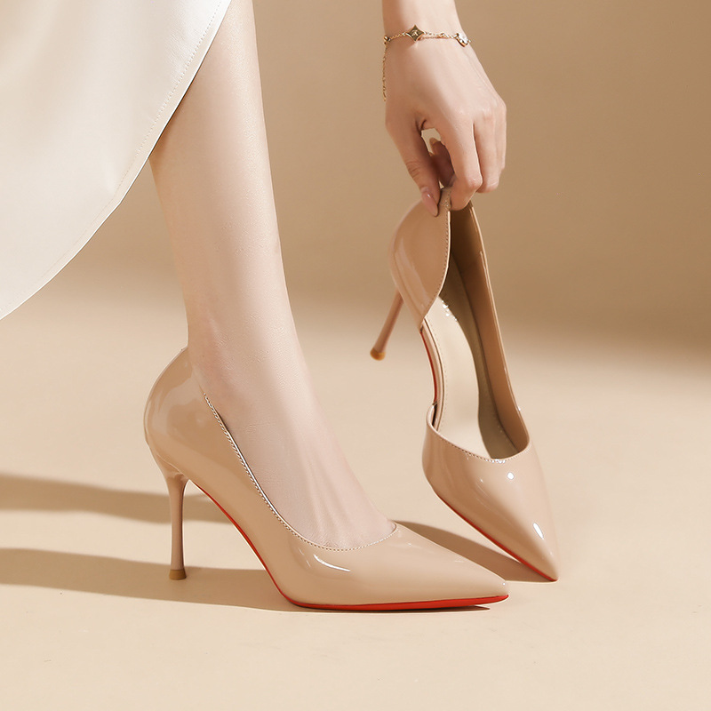 Giày cao gót nữ mũi nhọn da bóng, gót 9 cm — Màu nude-9cm
