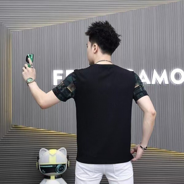 Men's ice silk short-sleeve T-shirt, summer thin trendy men's top, summer fashion brand clothing, quick-dry loose half-sleeve