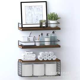 跨境木质壁挂式浮动架浴室马桶带纸巾储物篮多层木质墙上浮动隔板