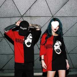 363#【图】绣花 黑红拼接短袖 刺绣撞色男女情侣宽松T恤上衣