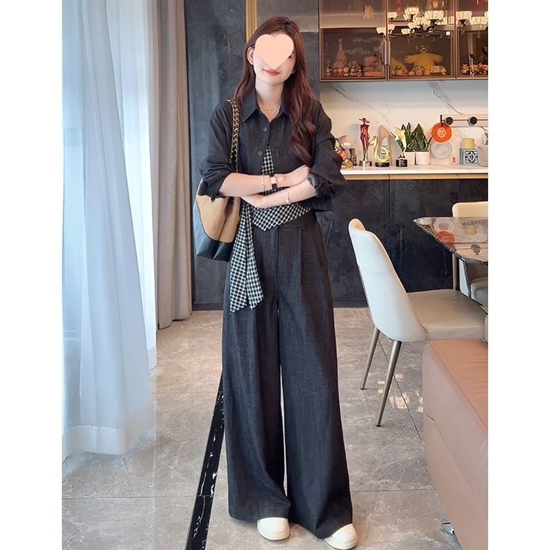 韩系超好看套装女2025新款收腰绑带格子背心牛仔短外套阔腿裤|undefined