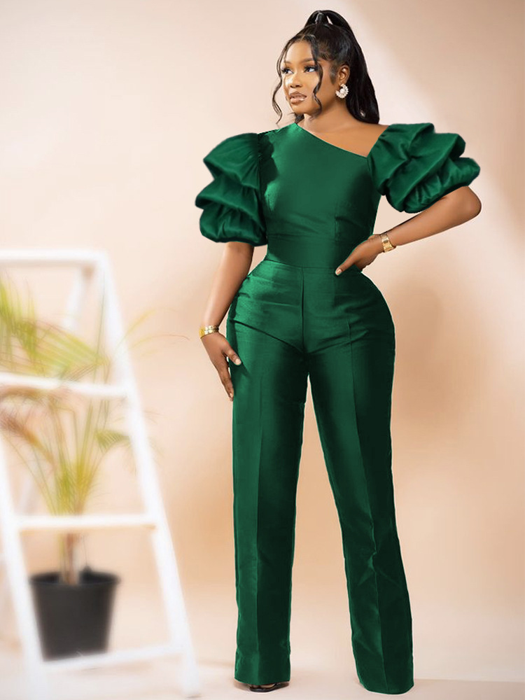 solid color sloping shoulder pile sleeve high waist slim jumpsuit NSKNE129855