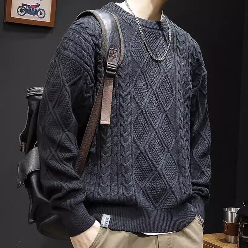 Chic Brand Heavyweight Autumn/Winter Solid Color Retro Cable Knit Men's Loose Cool Casual Crew Neck Sweater