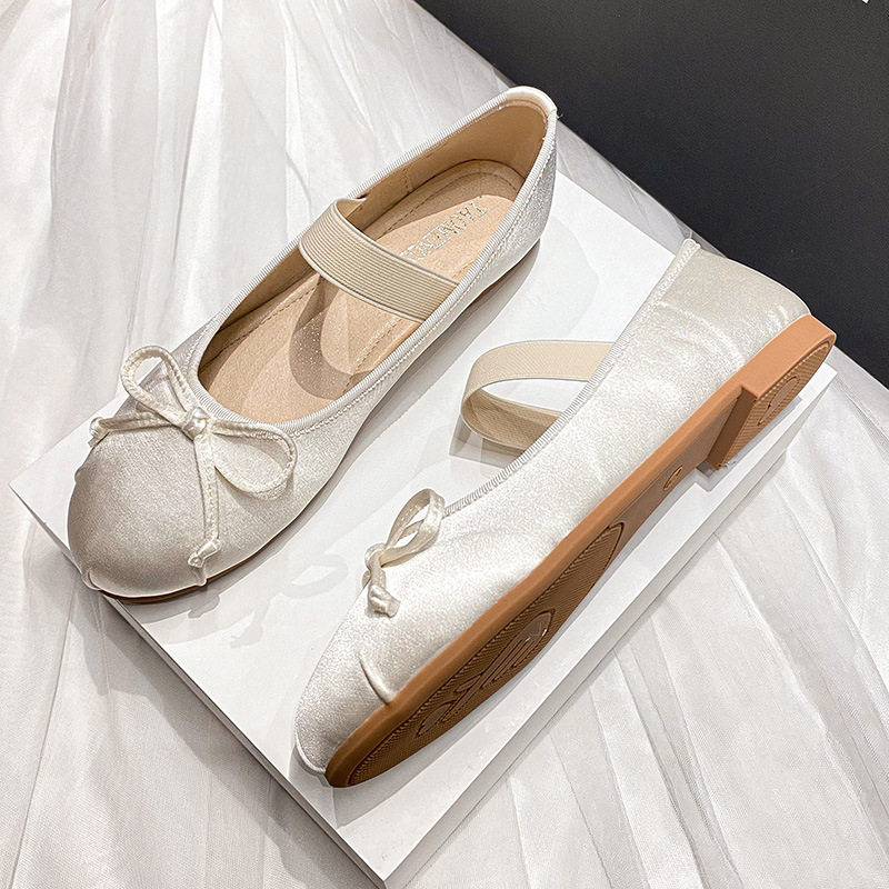 Giày búp bê Mary Jane nữ bằng lụa satin thắt nơ, kiểu giày ba lê Pháp, gót thấp — Hồng lụa, Lụa trắng, Lụa đen, lụa xanh