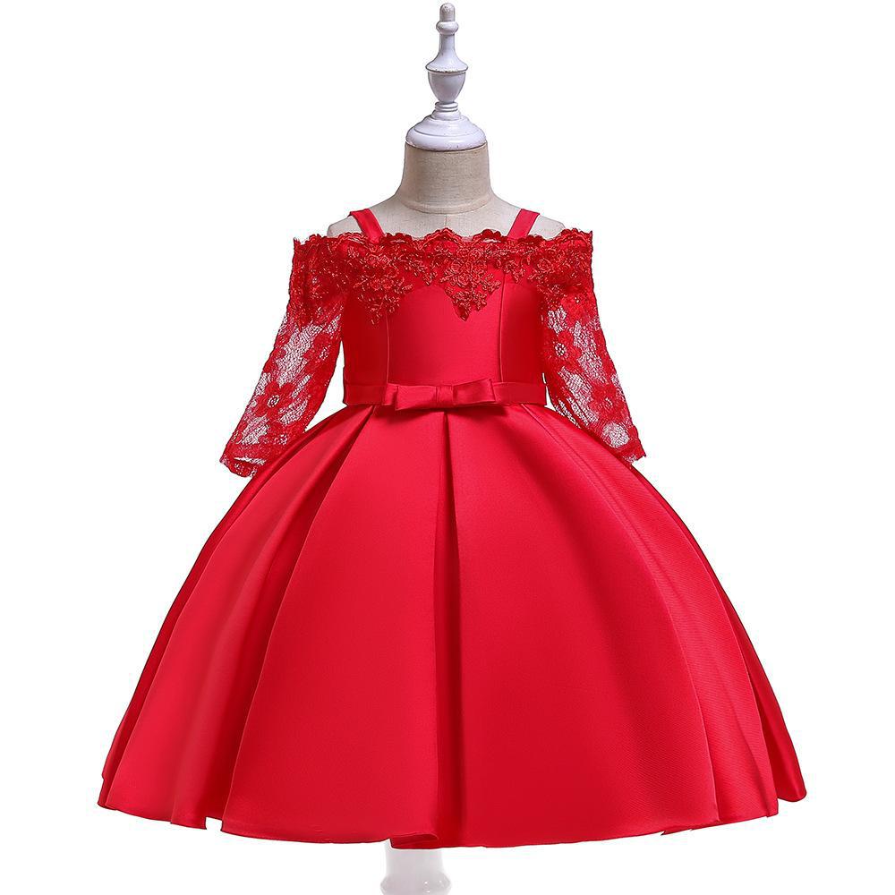 Nueva ropa infantil: vestido de princesa para niñas con tirantes descubiertos, vestido de manga larga con encaje calado, vestido bordado de satén.