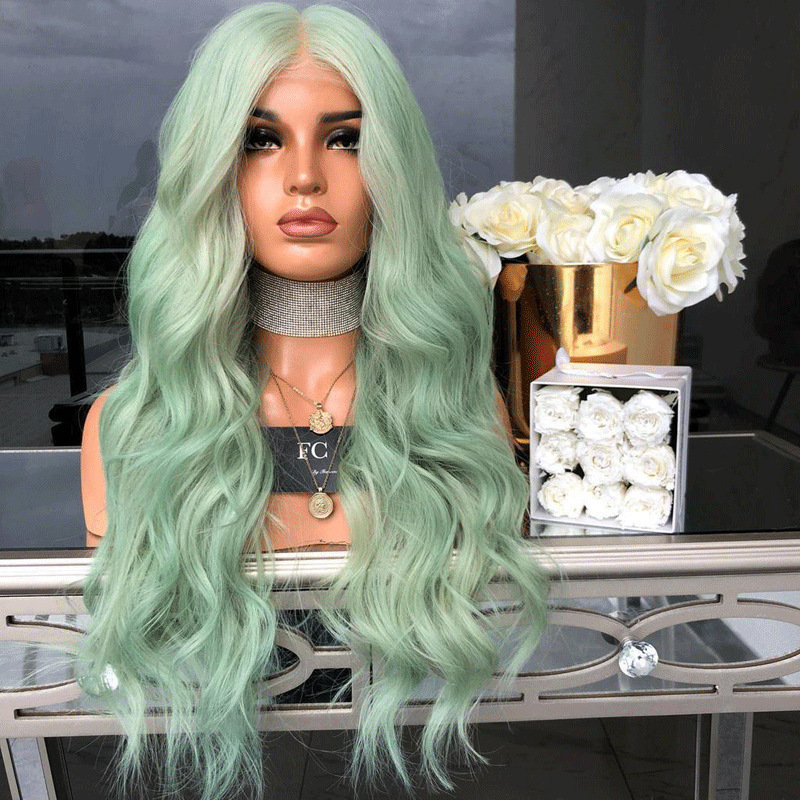 Perruque longue bouclée verte de style européen et américain, en fibre chimique, couleur T, raie au milieu, grosses boucles ondulées, extension de cheveux avec bonnet_voghion.com