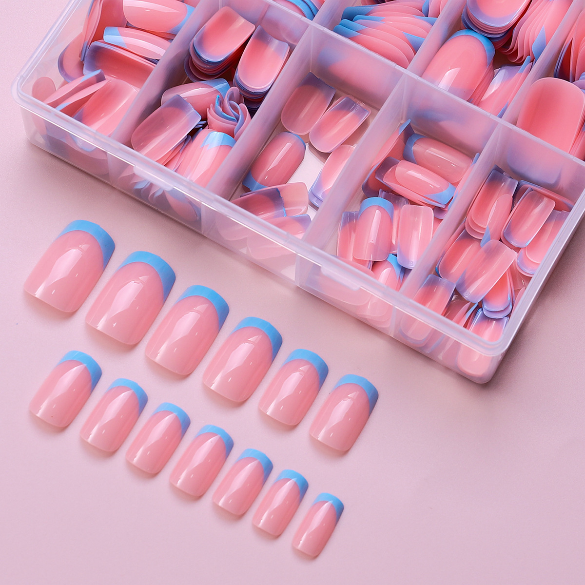 120 piezas de uñas de alta calidad, caja azul, estilo francés, simple, moda para usar piezas de uñas falsas.
