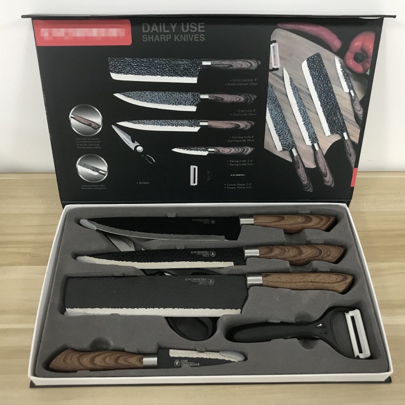 Una gran cantidad de piezas de punto de fábrica de seis piezas forjadas con cuchillo de martillo, cuchillo de cocina de acero inoxidable, cuchillo de chef, caja de color de regalo, juego de cuchillos