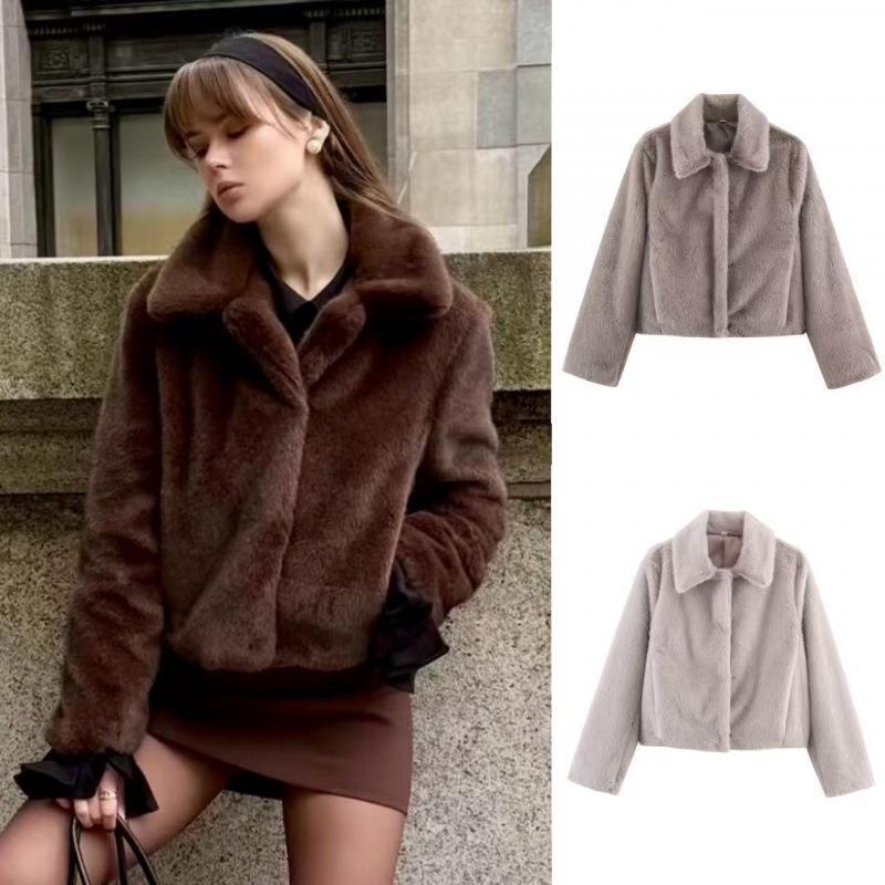Cross-Border Women's Clothing Manufacturer Wholesale 2025 New Za Short Style Lapel Faux Fur Plush Fur Coat