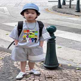 跨境爆款节奏盒子儿童夏季圆领短袖短裤套装中大童男孩酷帅气衣服
