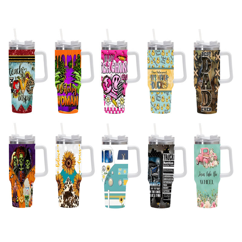 Vaso térmico de acero inoxidable con aislamiento al vacío de 40 oz, para automóvil, de gran capacidad, con impresión UV de diseño 5D, para viajes transfronterizos.