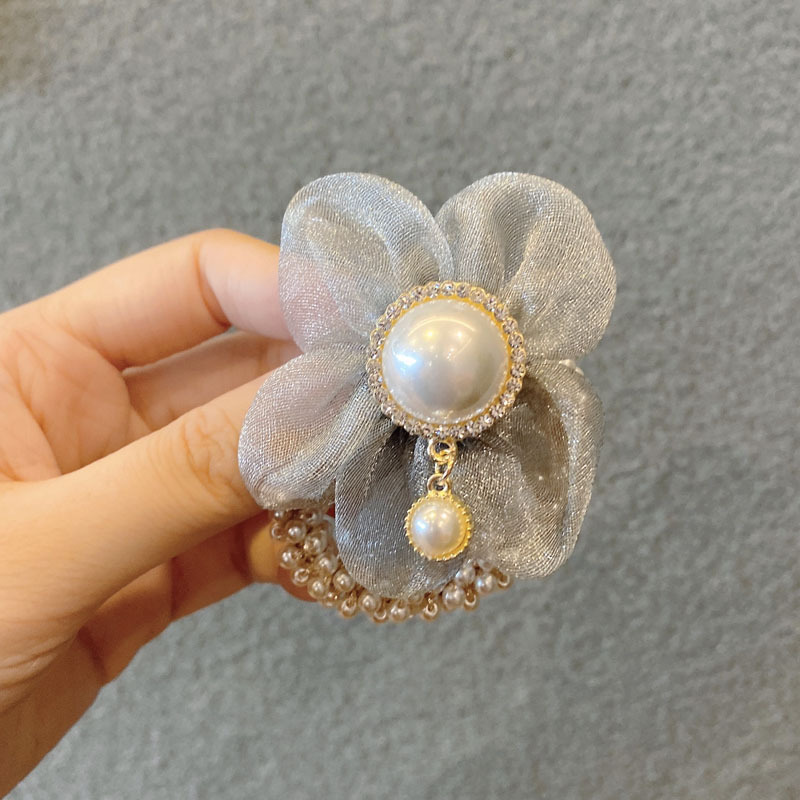 Korean Organza Flower Pearl Hair Ring display picture 8