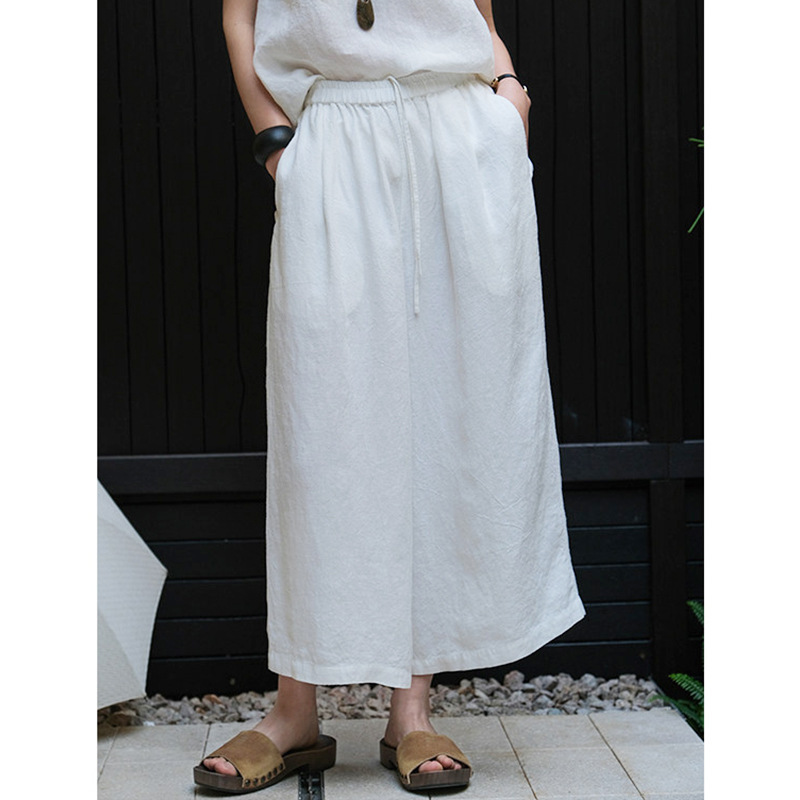 Summer New Style Artistic Women's Clothing, Zen-Inspired Sand-Washed Linen Wide-Leg Pants, Mid-Waist Loose Fit, Ankle-Exposing, Height-Enhancing Women's Pants Wholesale