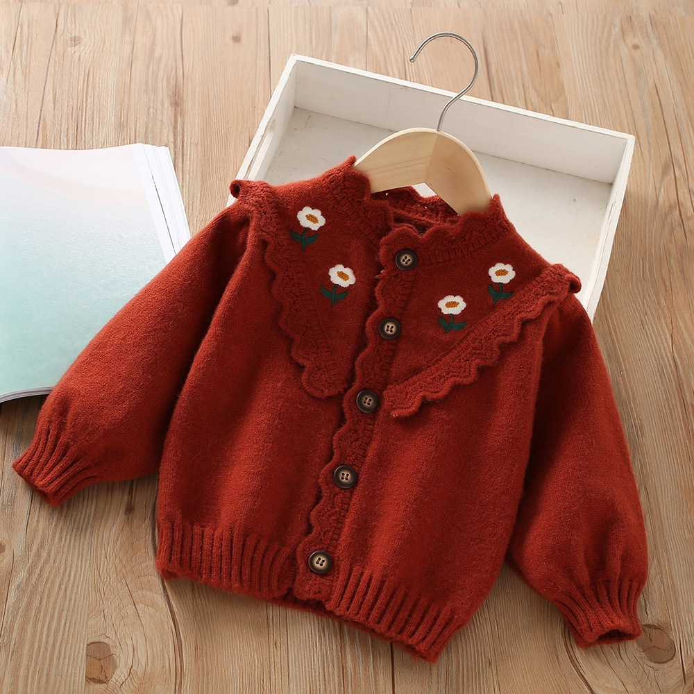 Girls Cardigan Sweater Embroidered Floral Knitted Autumn Winter_voghion.com