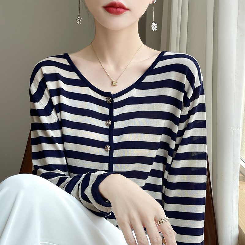 Low Crewneck Simple Korean Style Breathable Thin Tencel Top Color Contrast Striped Metal Buckle Niche Design Fake Cardigan