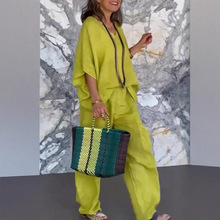 2025欧美跨境新款亚马逊独立站女士休闲V领宽松口袋中袖棉麻套装