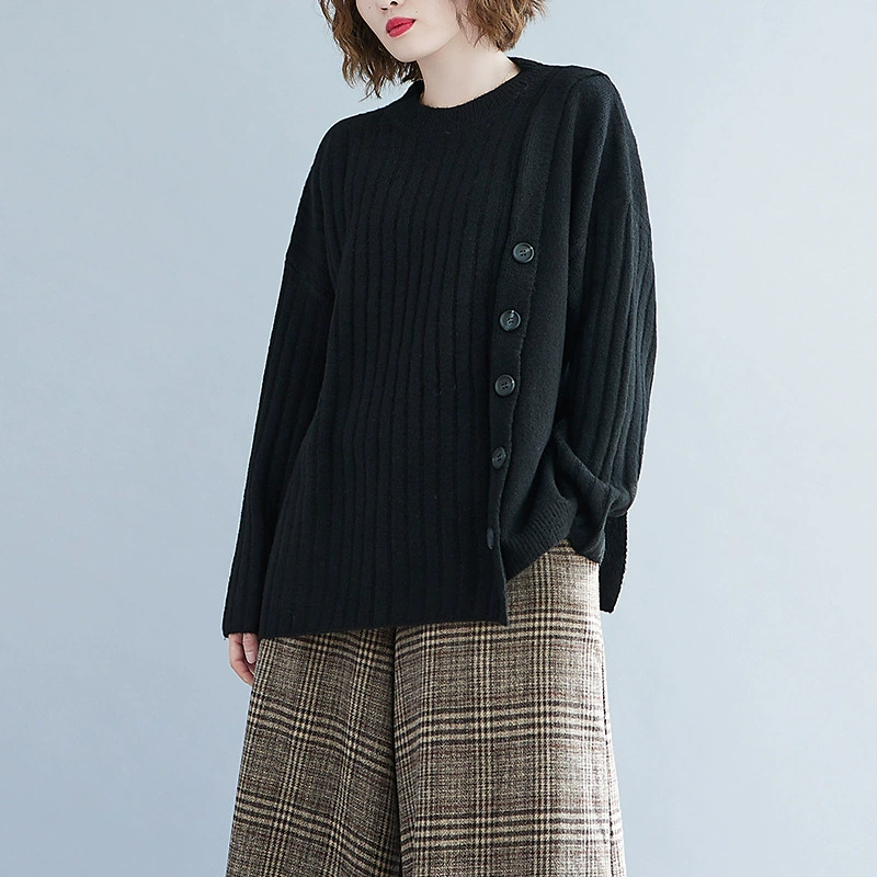 Knitted winter sweater, Korean style, round neck, plus‑size loose fit, rib knit with side buttons