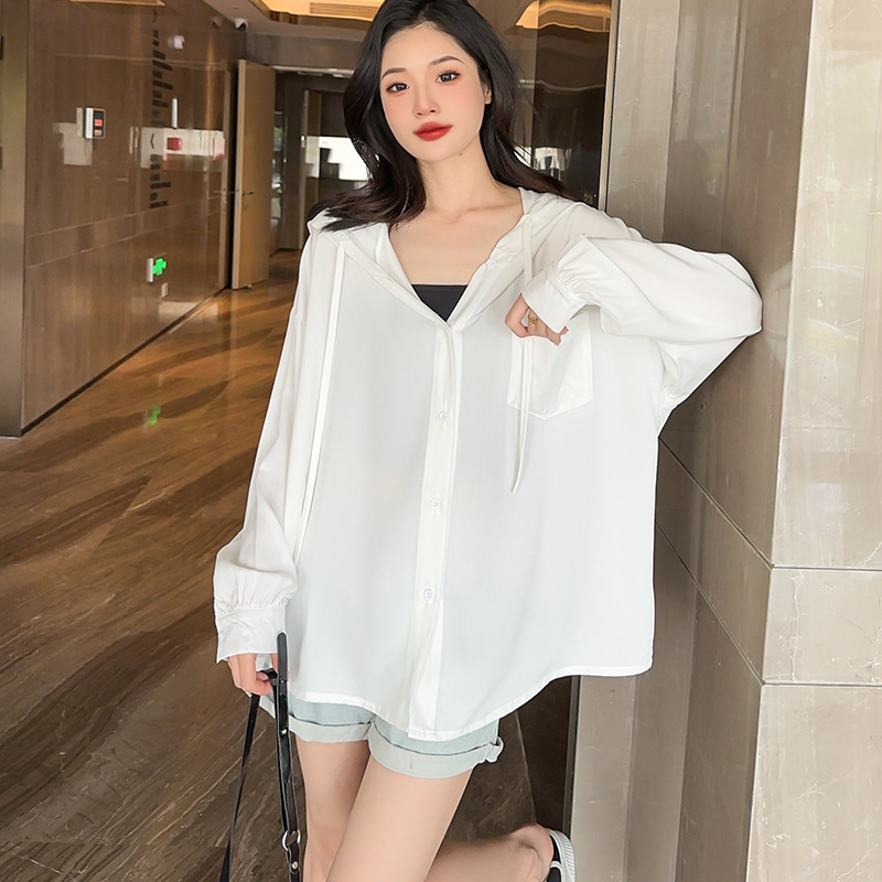 Women's Cotton Sun Protection Clothing, Summer Hooded Drawstring Long-Sleeved Top, Cardigan, Thin Rayon Outer Jacket